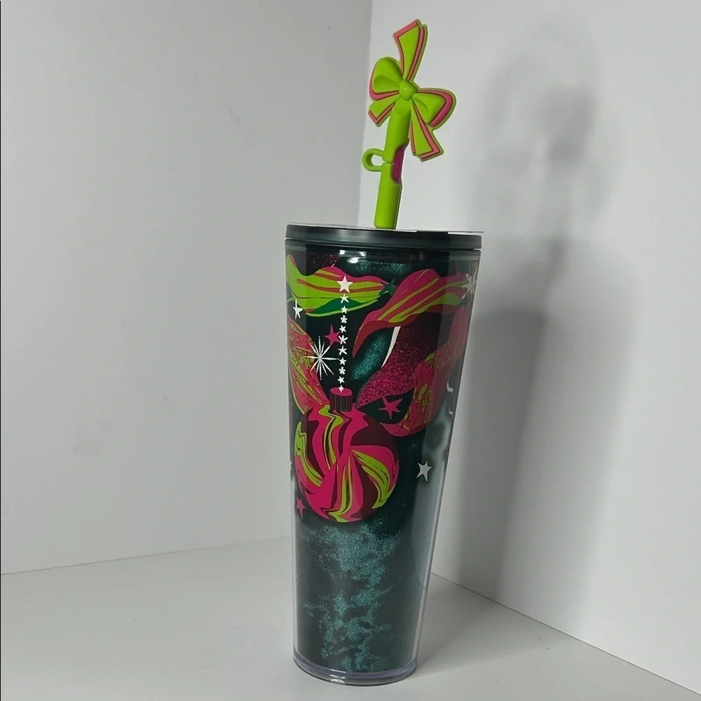 Starbucks 24oz Festive Tumbler with Green and Pink Design with Straw Topper NWT